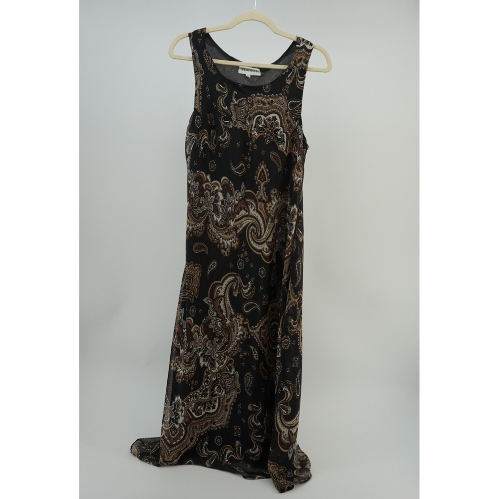 Vintage Paisley Print Flowy Maxi Dress Earthy Boho Sleeveless Brown Black sz 14